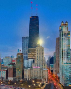 Chicago ABD şehir merkezi gökdelenleri ve mimarisi, Amerika şehir merkezine gidiyor, tuval veya kağıt poster için yağlı duvar resimleri çiziyor, turizm üretim tasarımı gerçek modern sanat eserleri
