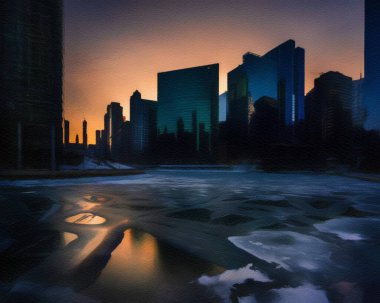 Chicago ABD şehir merkezi gökdelenleri ve mimarisi, Amerika şehir merkezine gidiyor, tuval veya kağıt poster için yağlı duvar resimleri çiziyor, turizm üretim tasarımı gerçek modern sanat eserleri