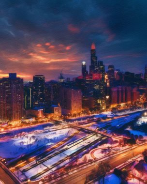 Chicago ABD şehir merkezi gökdelenleri ve mimarisi, Amerika şehir merkezine gidiyor, tuval veya kağıt poster için yağlı duvar resimleri çiziyor, turizm üretim tasarımı gerçek modern sanat eserleri