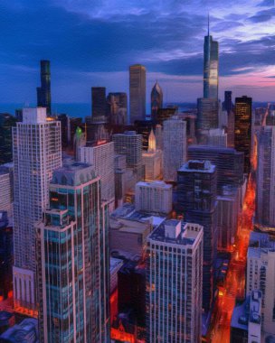 Chicago ABD şehir merkezi gökdelenleri ve mimarisi, Amerika şehir merkezine gidiyor, tuval veya kağıt poster için yağlı duvar resimleri çiziyor, turizm üretim tasarımı gerçek modern sanat eserleri