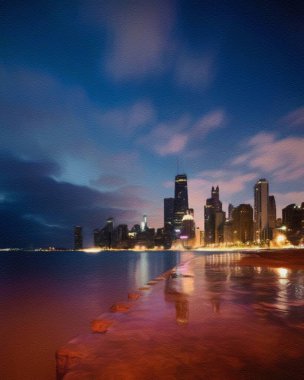 Chicago ABD şehir merkezi gökdelenleri ve mimarisi, Amerika şehir merkezine gidiyor, tuval veya kağıt poster için yağlı duvar resimleri çiziyor, turizm üretim tasarımı gerçek modern sanat eserleri