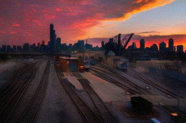 Chicago ABD şehir merkezi gökdelenleri ve mimarisi, Amerika şehir merkezine gidiyor, tuval veya kağıt poster için yağlı duvar resimleri çiziyor, turizm üretim tasarımı gerçek modern sanat eserleri