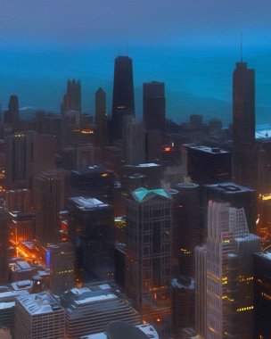 Chicago ABD şehir merkezi gökdelenleri ve mimarisi, Amerika şehir merkezine gidiyor, tuval veya kağıt poster için yağlı duvar resimleri çiziyor, turizm üretim tasarımı gerçek modern sanat eserleri