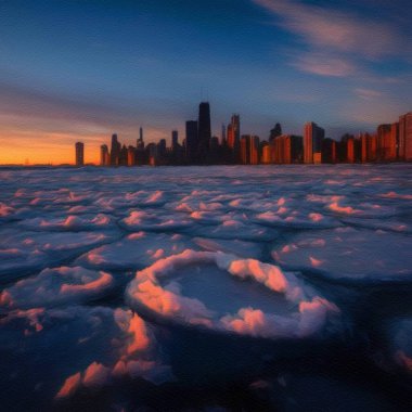 Chicago ABD şehir merkezi gökdelenleri ve mimarisi, Amerika şehir merkezine gidiyor, tuval veya kağıt poster için yağlı duvar resimleri çiziyor, turizm üretim tasarımı gerçek modern sanat eserleri