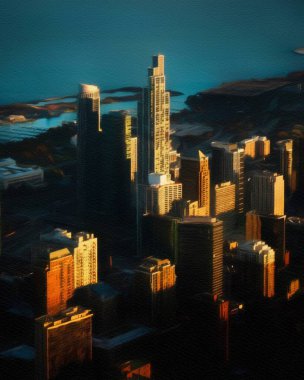 Chicago ABD şehir merkezi gökdelenleri ve mimarisi, Amerika şehir merkezine gidiyor, tuval veya kağıt poster için yağlı duvar resimleri çiziyor, turizm üretim tasarımı gerçek modern sanat eserleri