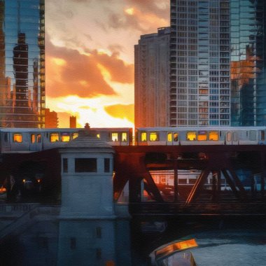 Chicago ABD şehir merkezi gökdelenleri ve mimarisi, Amerika şehir merkezine gidiyor, tuval veya kağıt poster için yağlı duvar resimleri çiziyor, turizm üretim tasarımı gerçek modern sanat eserleri