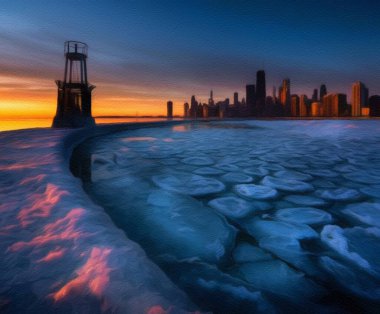 Chicago ABD şehir merkezi gökdelenleri ve mimarisi, Amerika şehir merkezine gidiyor, tuval veya kağıt poster için yağlı duvar resimleri çiziyor, turizm üretim tasarımı gerçek modern sanat eserleri
