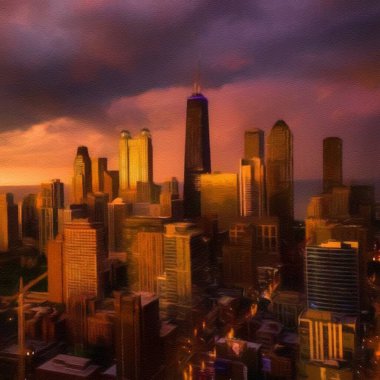 Chicago ABD şehir merkezi gökdelenleri ve mimarisi, Amerika şehir merkezine gidiyor, tuval veya kağıt poster için yağlı duvar resimleri çiziyor, turizm üretim tasarımı gerçek modern sanat eserleri