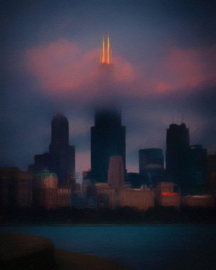 Chicago ABD şehir merkezi gökdelenleri ve mimarisi, Amerika şehir merkezine gidiyor, tuval veya kağıt poster için yağlı duvar resimleri çiziyor, turizm üretim tasarımı gerçek modern sanat eserleri
