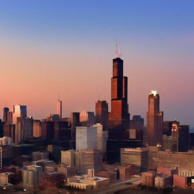 Chicago ABD şehir merkezi gökdelenleri ve mimarisi, Amerika şehir merkezine gidiyor, tuval veya kağıt poster için yağlı duvar resimleri çiziyor, turizm üretim tasarımı gerçek modern sanat eserleri