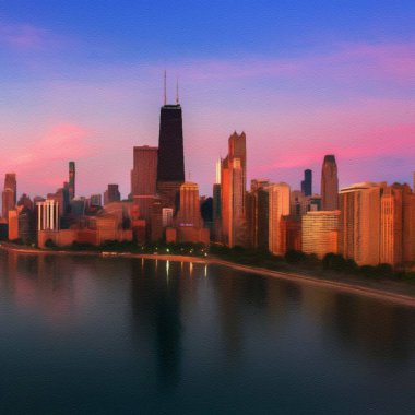 Chicago ABD şehir merkezi gökdelenleri ve mimarisi, Amerika şehir merkezine gidiyor, tuval veya kağıt poster için yağlı duvar resimleri çiziyor, turizm üretim tasarımı gerçek modern sanat eserleri