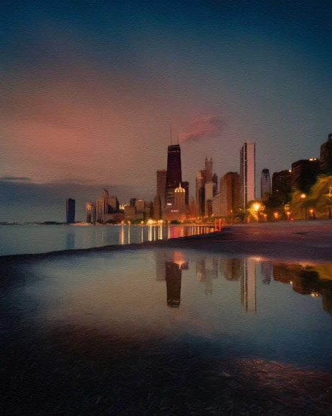 Chicago ABD şehir merkezi gökdelenleri ve mimarisi, Amerika şehir merkezine gidiyor, tuval veya kağıt poster için yağlı duvar resimleri çiziyor, turizm üretim tasarımı gerçek modern sanat eserleri