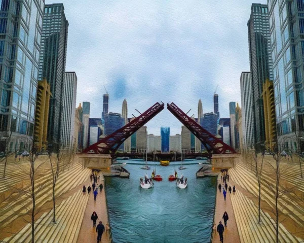 Chicago ABD şehir merkezi gökdelenleri ve mimarisi, Amerika şehir merkezine gidiyor, tuval veya kağıt poster için yağlı duvar resimleri çiziyor, turizm üretim tasarımı gerçek modern sanat eserleri