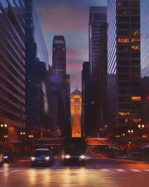 Центр Міста Чикаго Хмарочоси Архітектура Америка Подорожує Центрі Малюючи Олійних — стокове фото
