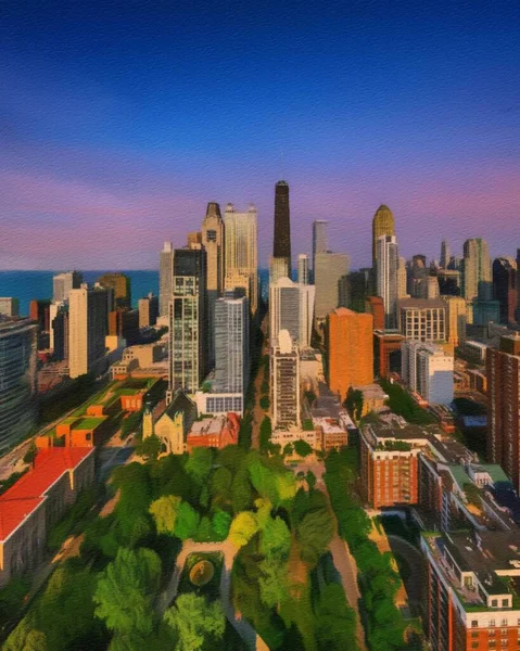 Chicago Centro Ciudad Rascacielos Arquitectura América Viaje Centro Ciudad Dibujo —  Fotos de Stock