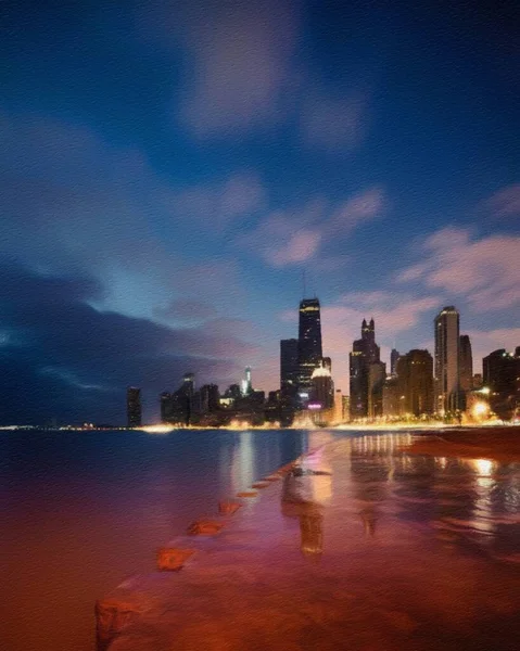 Chicago ABD şehir merkezi gökdelenleri ve mimarisi, Amerika şehir merkezine gidiyor, tuval veya kağıt poster için yağlı duvar resimleri çiziyor, turizm üretim tasarımı gerçek modern sanat eserleri