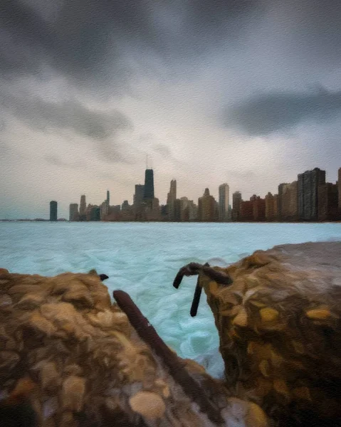 Chicago ABD şehir merkezi gökdelenleri ve mimarisi, Amerika şehir merkezine gidiyor, tuval veya kağıt poster için yağlı duvar resimleri çiziyor, turizm üretim tasarımı gerçek modern sanat eserleri