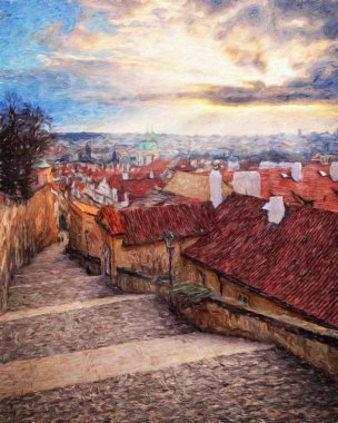 Prag Çek Cumhuriyeti Petrol Şehri 'nde eski evler ve mimari, Avrupa seyahati, tuval veya kağıt poster için duvar resimleri, turizm üretim tasarımı, gerçek modern sanat eserleri