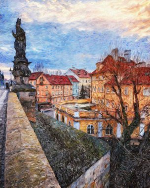 Prag Çek Cumhuriyeti Petrol Şehri 'nde eski evler ve mimari, Avrupa seyahati, tuval veya kağıt poster için duvar resimleri, turizm üretim tasarımı, gerçek modern sanat eserleri
