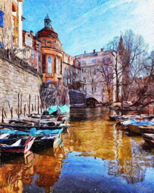 Prag Çek Cumhuriyeti Petrol Şehri 'nde eski evler ve mimari, Avrupa seyahati, tuval veya kağıt poster için duvar resimleri, turizm üretim tasarımı, gerçek modern sanat eserleri