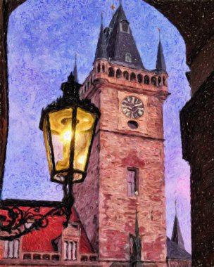 Prag Çek Cumhuriyeti Petrol Şehri 'nde eski evler ve mimari, Avrupa seyahati, tuval veya kağıt poster için duvar resimleri, turizm üretim tasarımı, gerçek modern sanat eserleri