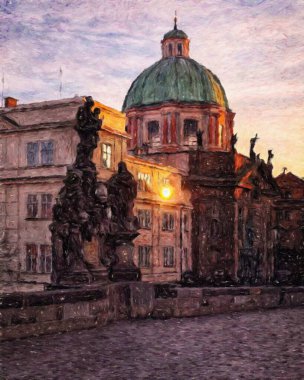 Prag Çek Cumhuriyeti Petrol Şehri 'nde eski evler ve mimari, Avrupa seyahati, tuval veya kağıt poster için duvar resimleri, turizm üretim tasarımı, gerçek modern sanat eserleri