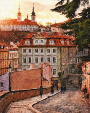 Prag Çek Cumhuriyeti Petrol Şehri 'nde eski evler ve mimari, Avrupa seyahati, tuval veya kağıt poster için duvar resimleri, turizm üretim tasarımı, gerçek modern sanat eserleri