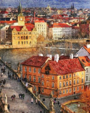 Prag Çek Cumhuriyeti Petrol Şehri 'nde eski evler ve mimari, Avrupa seyahati, tuval veya kağıt poster için duvar resimleri, turizm üretim tasarımı, gerçek modern sanat eserleri