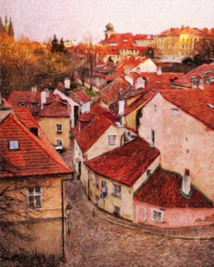 Prag Çek Cumhuriyeti Petrol Şehri 'nde eski evler ve mimari, Avrupa seyahati, tuval veya kağıt poster için duvar resimleri, turizm üretim tasarımı, gerçek modern sanat eserleri