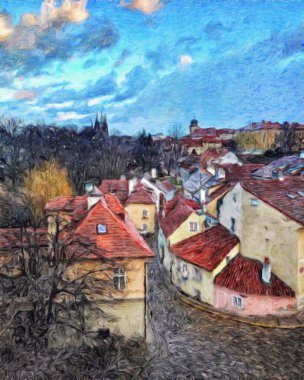 Prag Çek Cumhuriyeti Petrol Şehri 'nde eski evler ve mimari, Avrupa seyahati, tuval veya kağıt poster için duvar resimleri, turizm üretim tasarımı, gerçek modern sanat eserleri