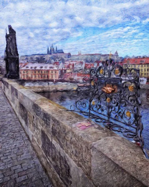 Prague Czechia Dessin Huile Centre Ville Maisons Vintage Architecture Voyage — Photo