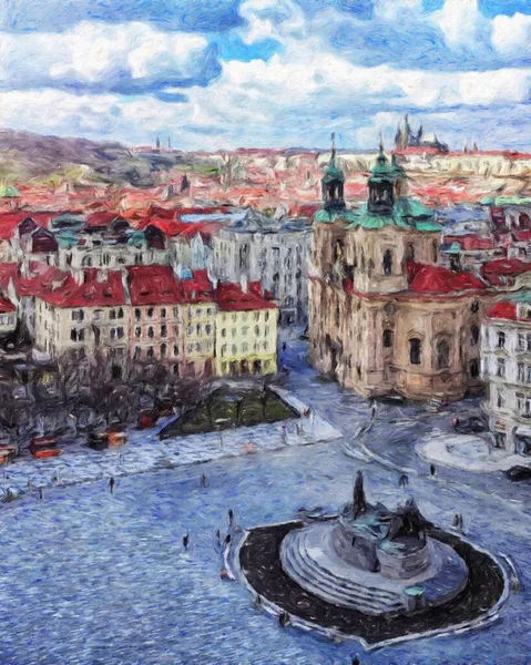 Prague Czechia Dessin Huile Centre Ville Maisons Vintage Architecture Voyage — Photo