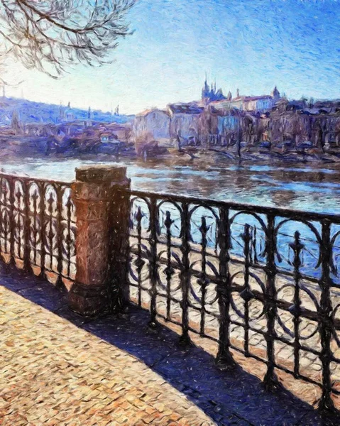 Prague Czechia Dessin Huile Centre Ville Maisons Vintage Architecture Voyage — Photo