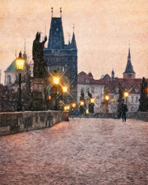 Prague Czechia Dessin Huile Centre Ville Maisons Vintage Architecture Voyage — Photo