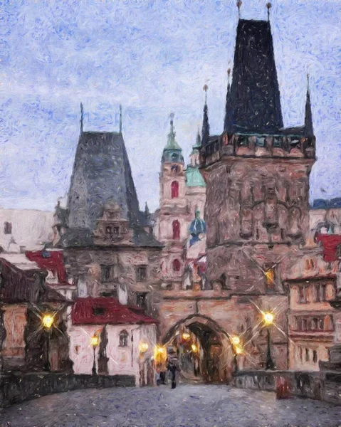 Prague Czechia Drawing Oil City Center Vintage Houses Architecture Europe — Stock Photo, Image