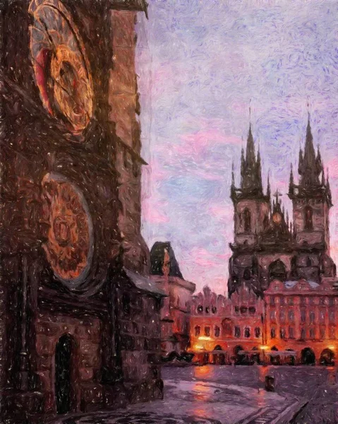 Prague Czechia Dessin Huile Centre Ville Maisons Vintage Architecture Voyage — Photo