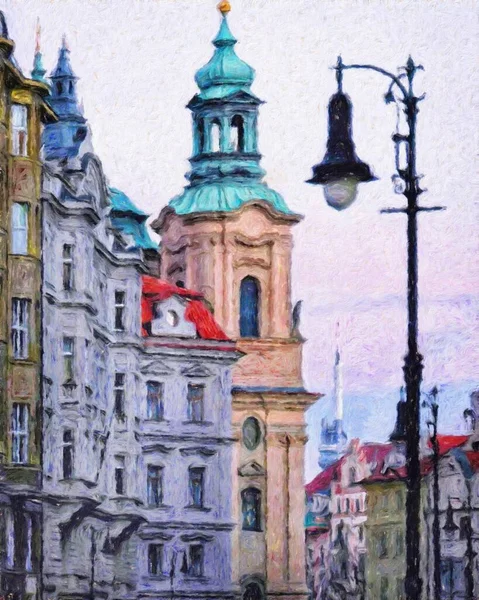 Prague Czechia Dessin Huile Centre Ville Maisons Vintage Architecture Voyage — Photo