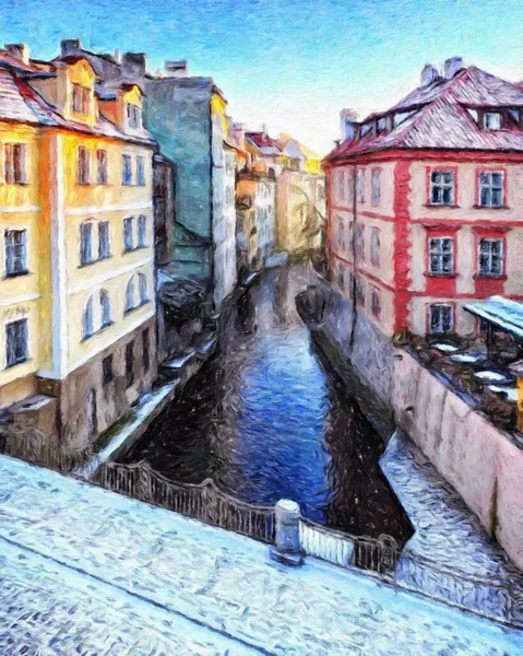 Prague Czechia Dessin Huile Centre Ville Maisons Vintage Architecture Voyage — Photo