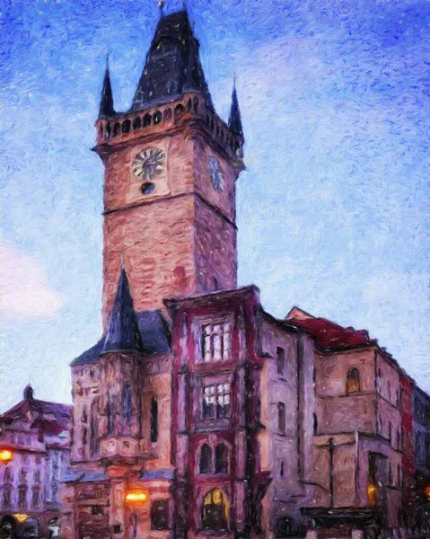 Prague Czechia Dessin Huile Centre Ville Maisons Vintage Architecture Voyage — Photo