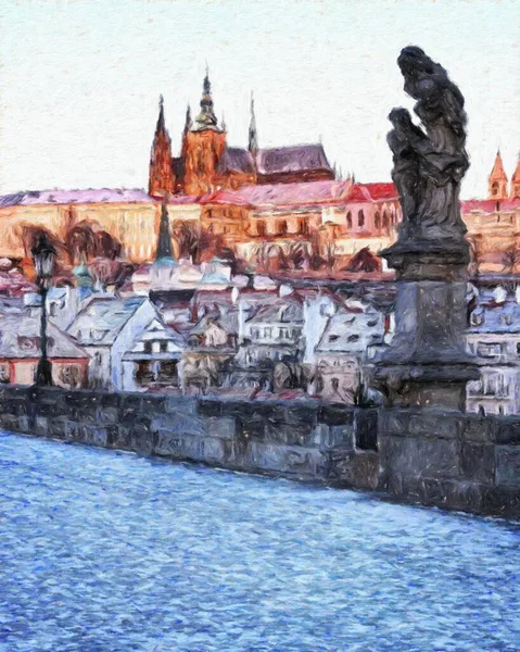 Prague Czechia Drawing Oil City Center Vintage Houses Architecture Europe — Stock Photo, Image