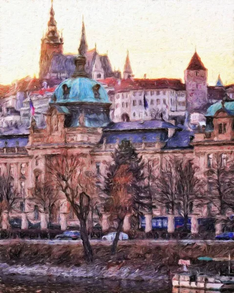 Prague Czechia Dessin Huile Centre Ville Maisons Vintage Architecture Voyage — Photo