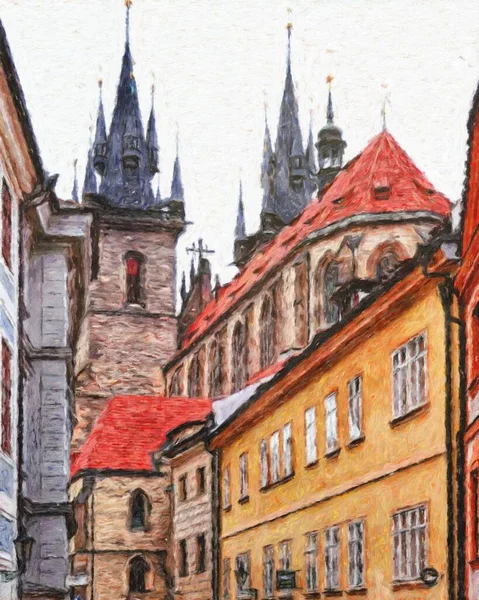 Praga Chequia Dibujo Centro Ciudad Del Aceite Casas Vintage Arquitectura — Foto de Stock