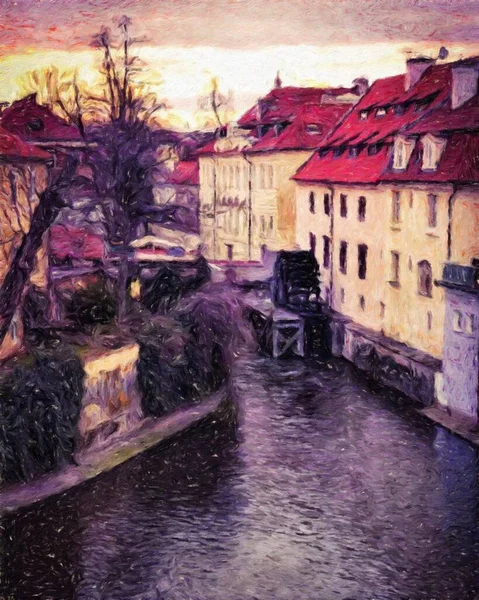 Prague Czechia Dessin Huile Centre Ville Maisons Vintage Architecture Voyage — Photo