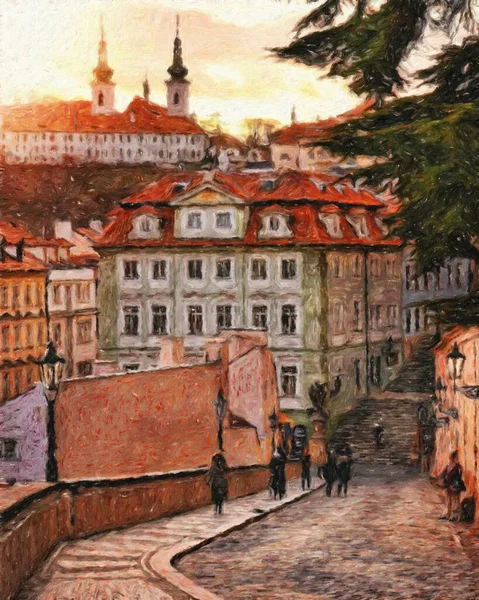 Prague Czechia Dessin Huile Centre Ville Maisons Vintage Architecture Voyage — Photo