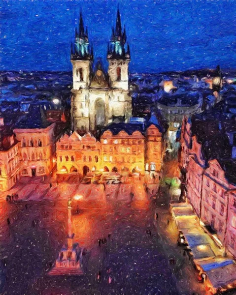 Prague Czechia Dessin Huile Centre Ville Maisons Vintage Architecture Voyage — Photo