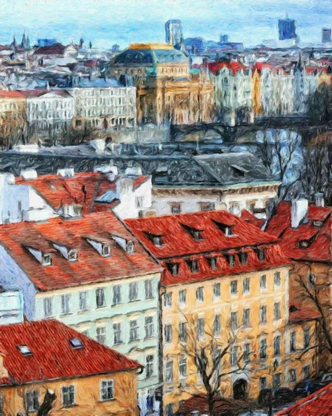 Prag Tschechien Zeichnung Stadtzentrum Vintage Häuser Und Architektur Europa Reise — Stockfoto