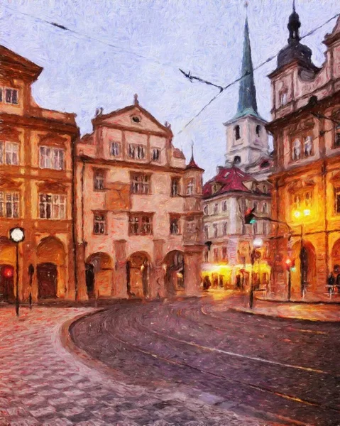 Prague Czechia Dessin Huile Centre Ville Maisons Vintage Architecture Voyage — Photo