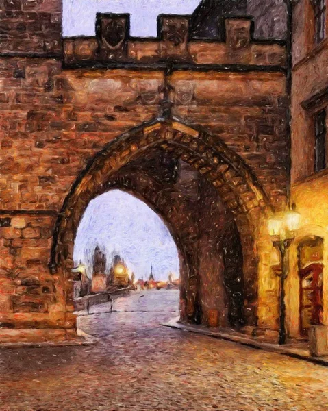 Prague Czechia Dessin Huile Centre Ville Maisons Vintage Architecture Voyage — Photo