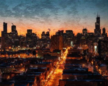 Chicago ABD şehir merkezi gökdelenleri ve mimarisi, Amerika şehir merkezine gidiyor, tuval veya kağıt poster için yağlı duvar resimleri çiziyor, turizm üretim tasarımı gerçek modern sanat eserleri