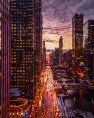 Chicago ABD şehir merkezi gökdelenleri ve mimarisi, Amerika şehir merkezine gidiyor, tuval veya kağıt poster için yağlı duvar resimleri çiziyor, turizm üretim tasarımı gerçek modern sanat eserleri